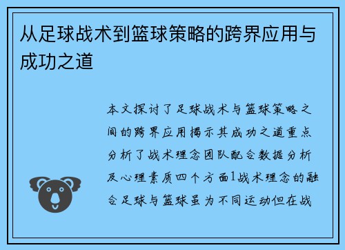 从足球战术到篮球策略的跨界应用与成功之道